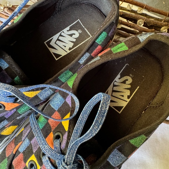 Metallic Checkered Multicolored Vans, women’s size 7.5, with Blue Sparkled Laces - Picture 11 of 13